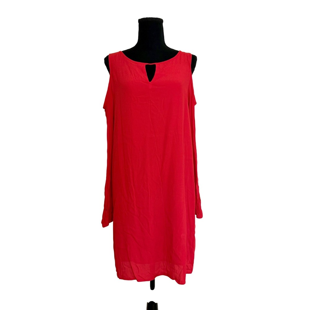 Dalia Red Cold Shoulder Keyhole Long Sleeve Viscose Shift Dress Size 10 Large